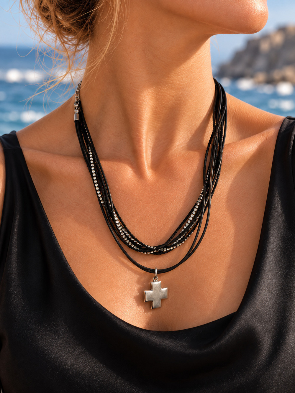 ⚜️ Multi-Strand Cord Necklace | Rhinestone Cross Pendant | Black Silver-Tone 💗